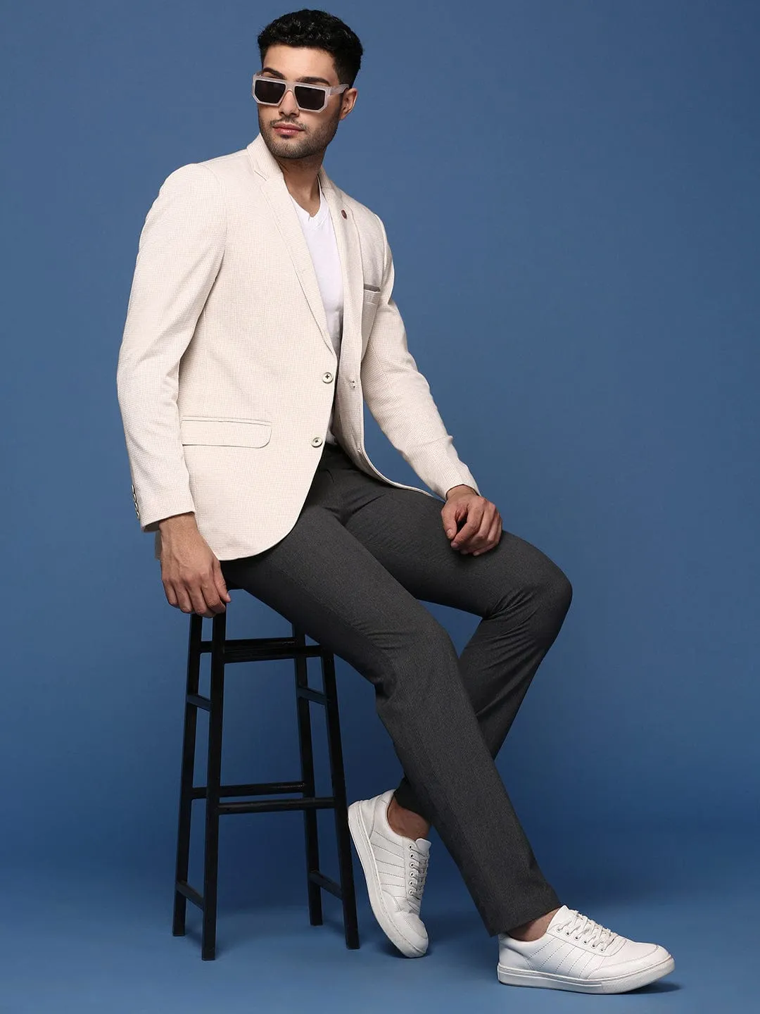 Men Cream Slim Fit Single Breasted Casual Blazer