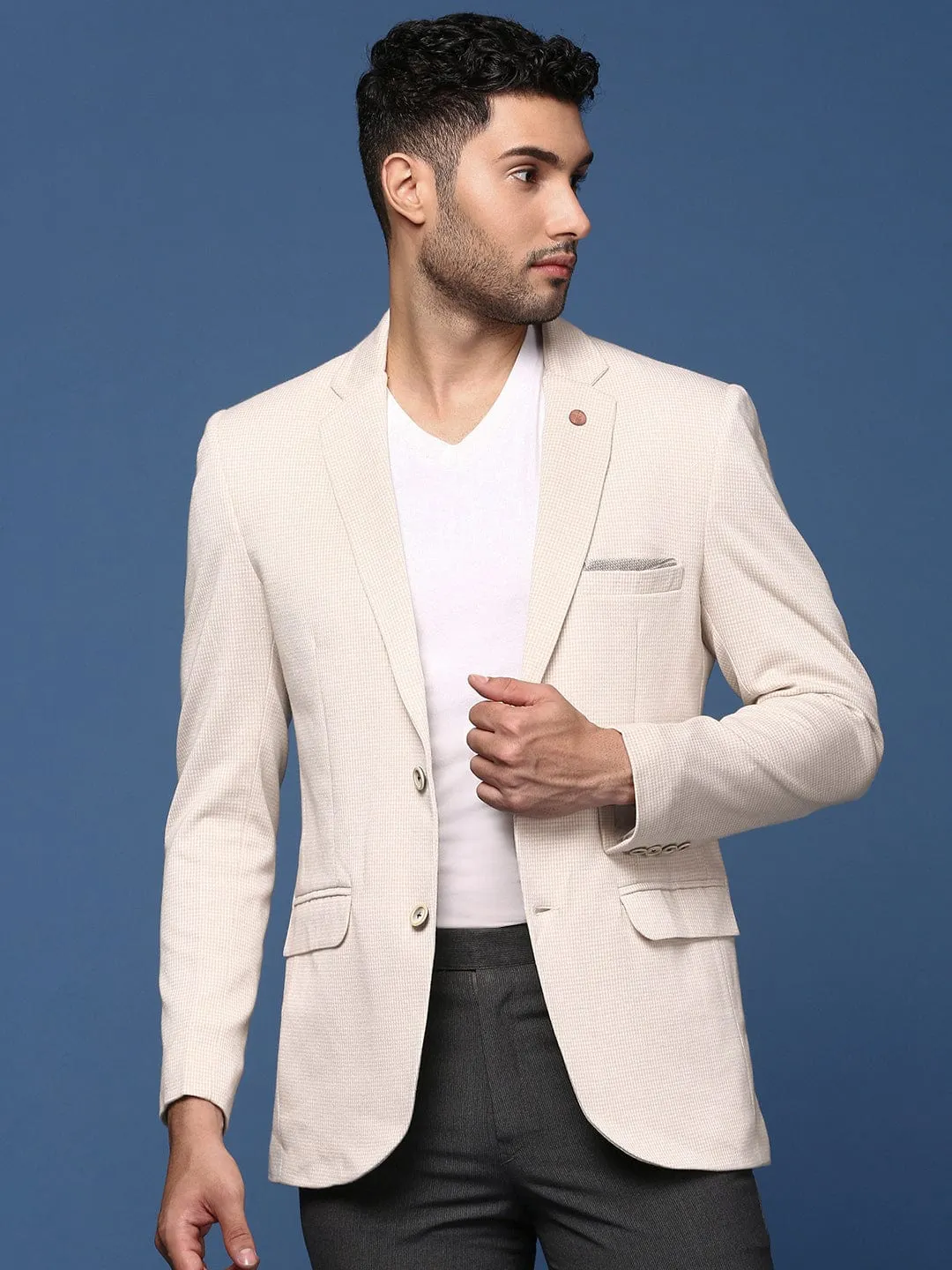 Men Cream Slim Fit Single Breasted Casual Blazer