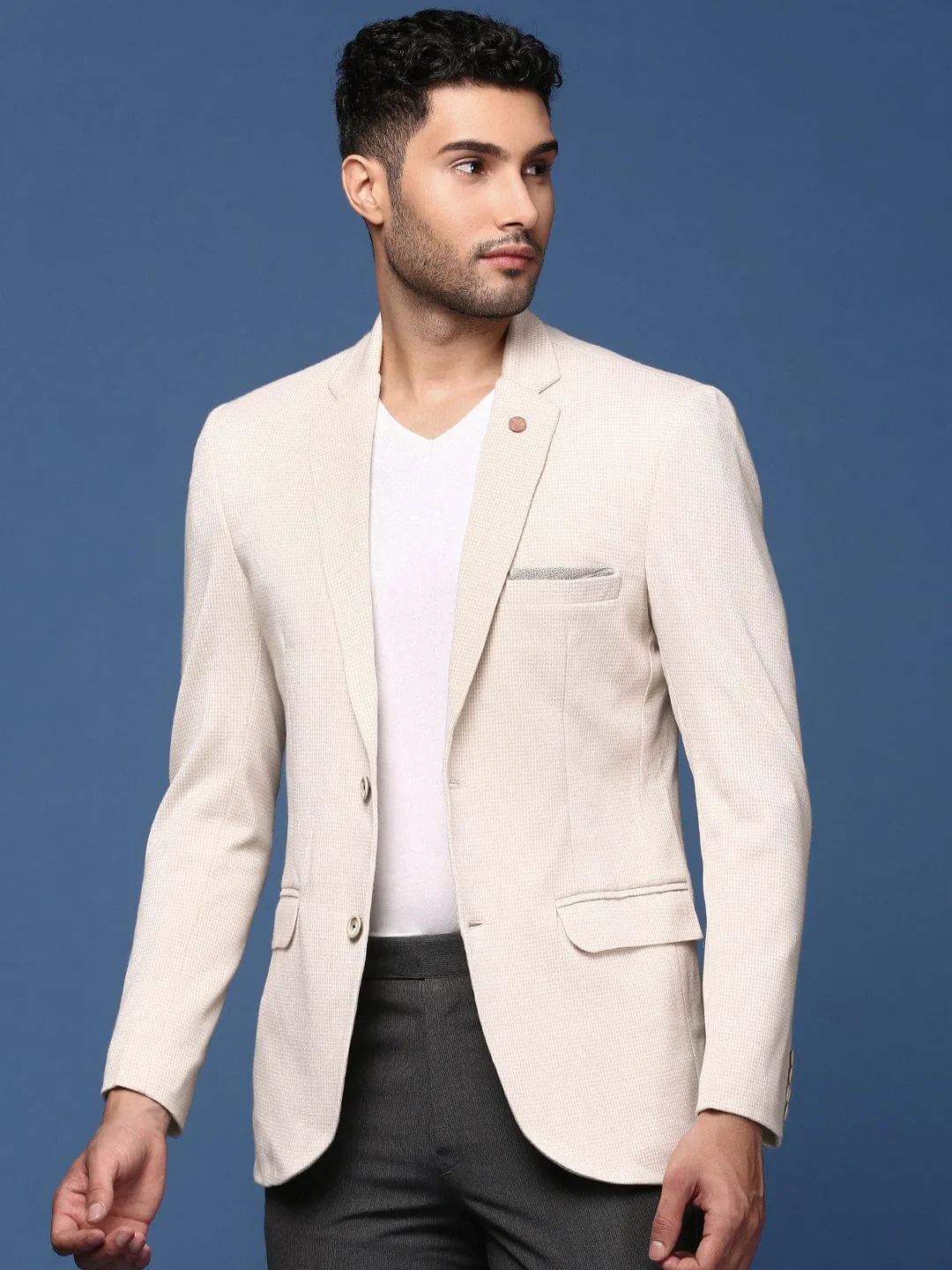 Men Cream Slim Fit Single Breasted Casual Blazer