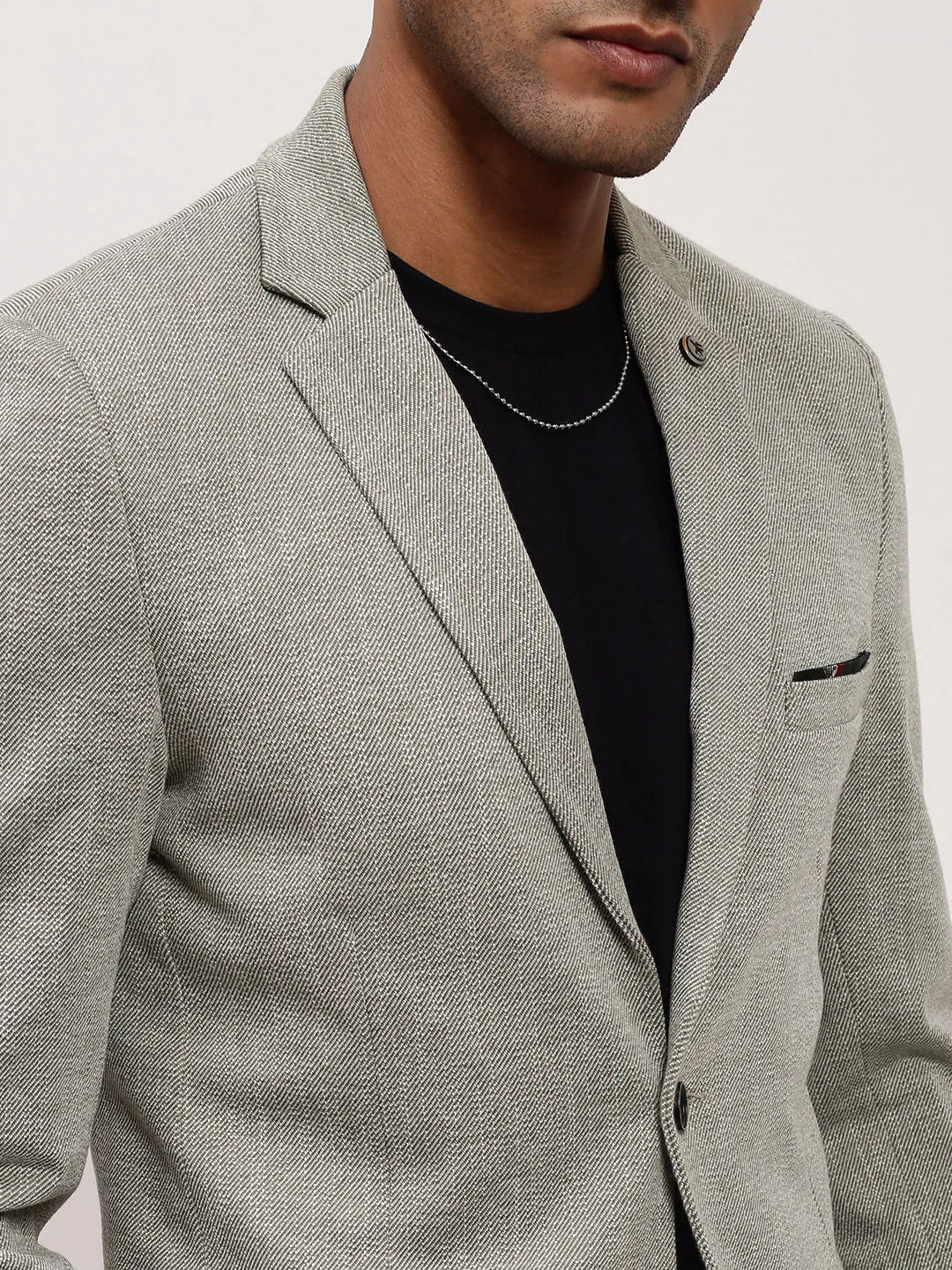 Men Grey Self Design Single-Breasted Slim Fit Cotton Blazer