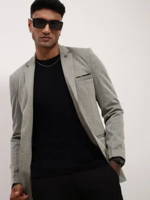 Men Grey Self Design Single-Breasted Slim Fit Cotton Blazer