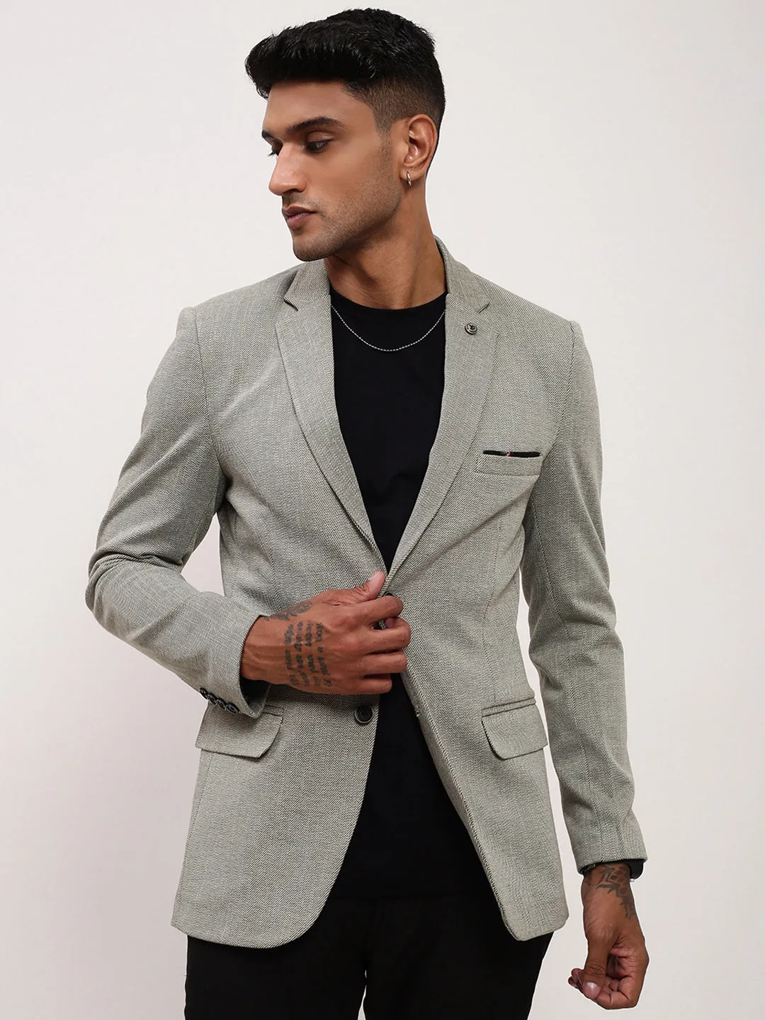 Men Grey Self Design Single-Breasted Slim Fit Cotton Blazer