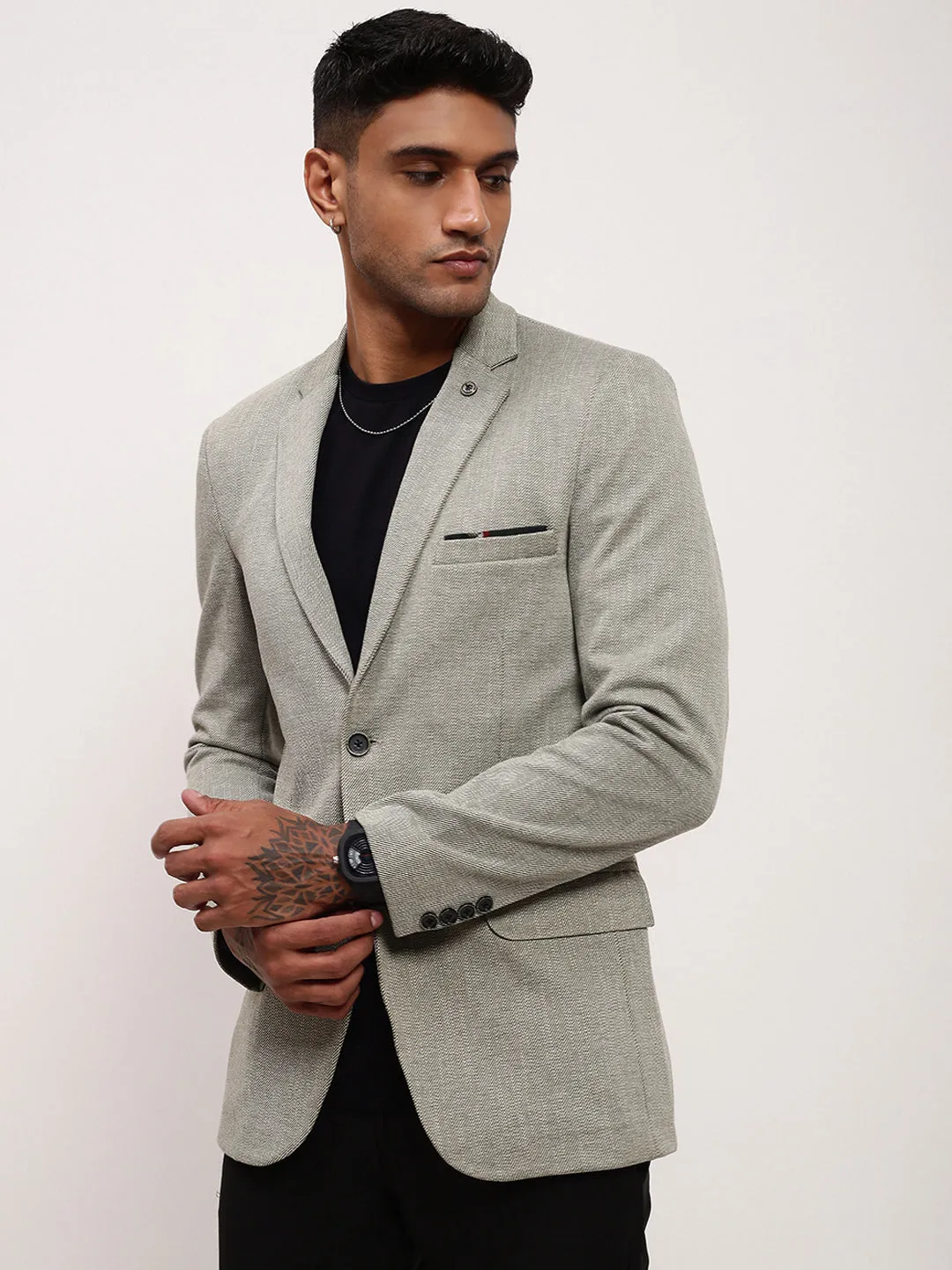 Men Grey Self Design Single-Breasted Slim Fit Cotton Blazer