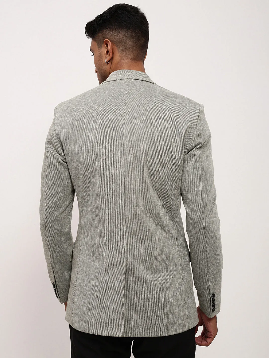 Men Grey Self Design Single-Breasted Slim Fit Cotton Blazer