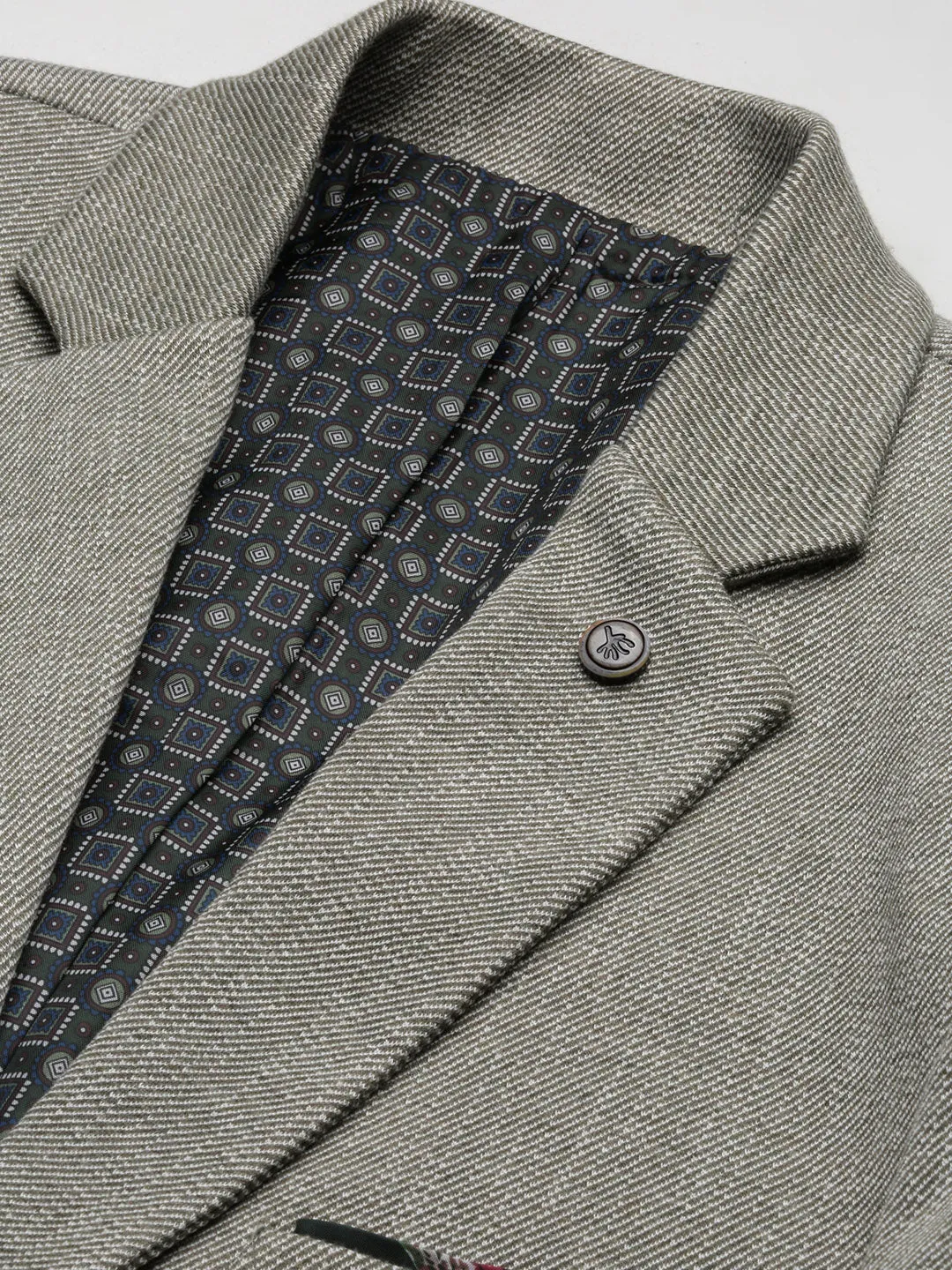 Men Grey Self Design Single-Breasted Slim Fit Cotton Blazer