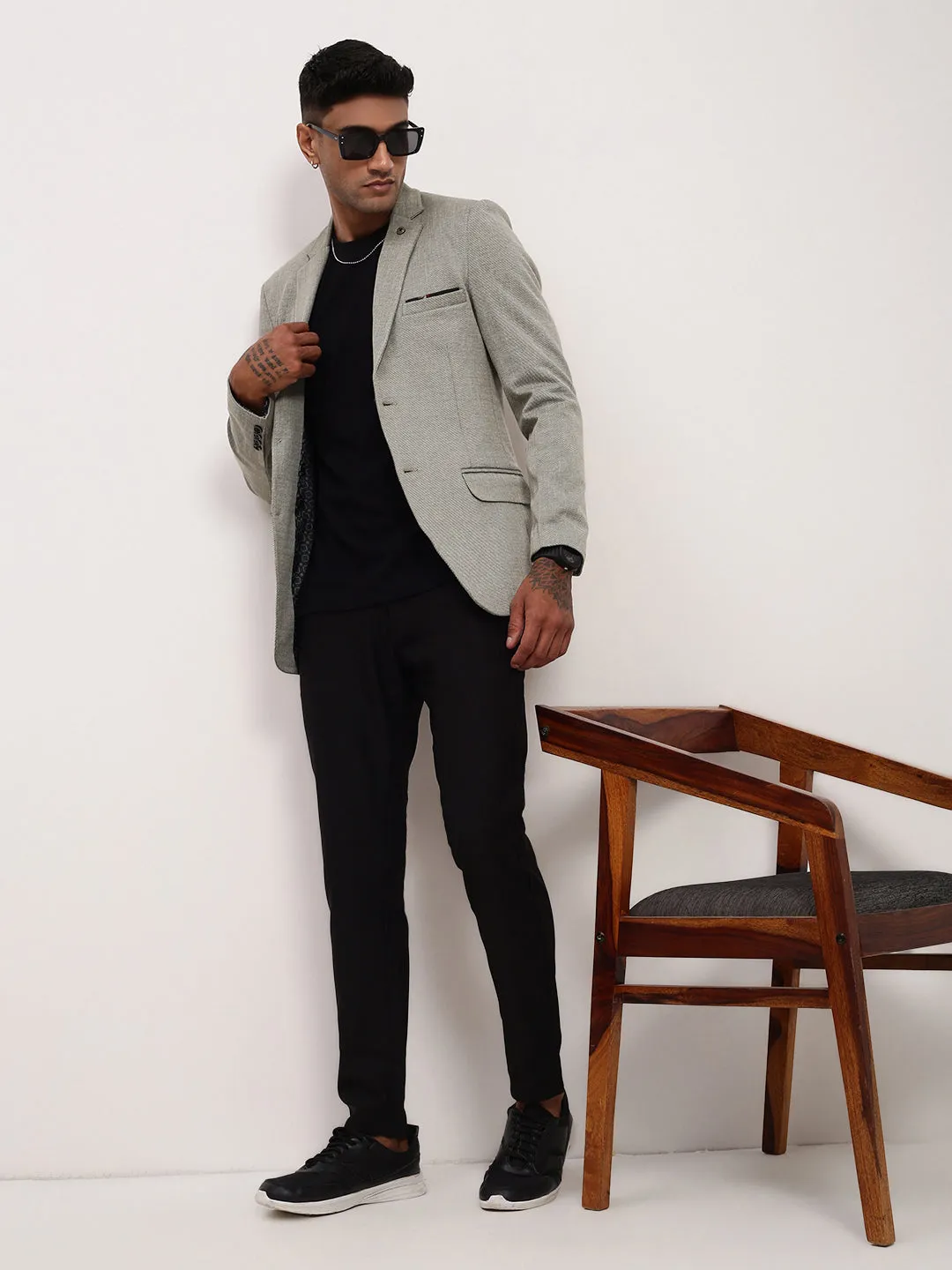 Men Grey Self Design Single-Breasted Slim Fit Cotton Blazer