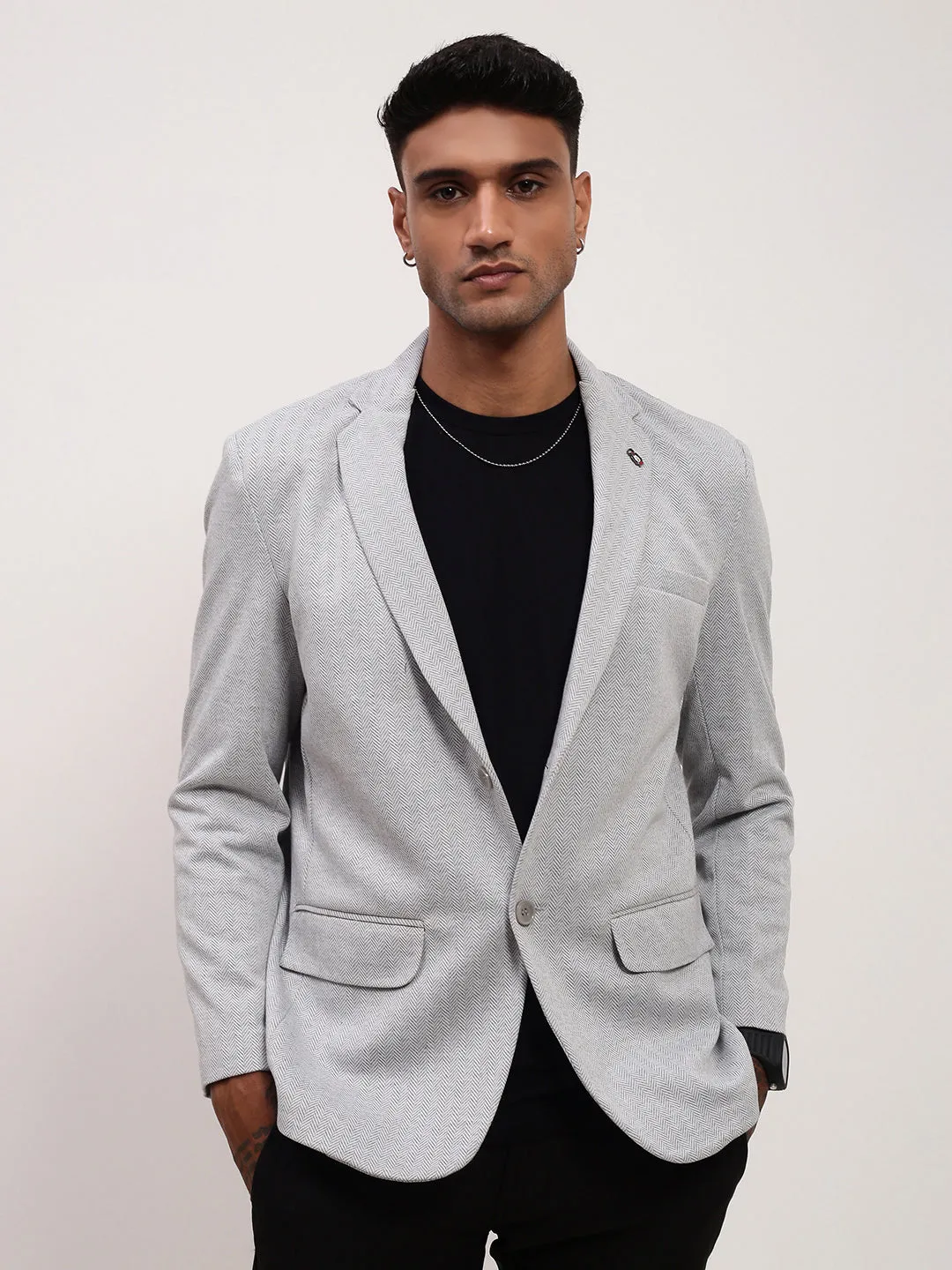 Men Grey Self Design Slim-Fit Single-Breasted Casual Blazer