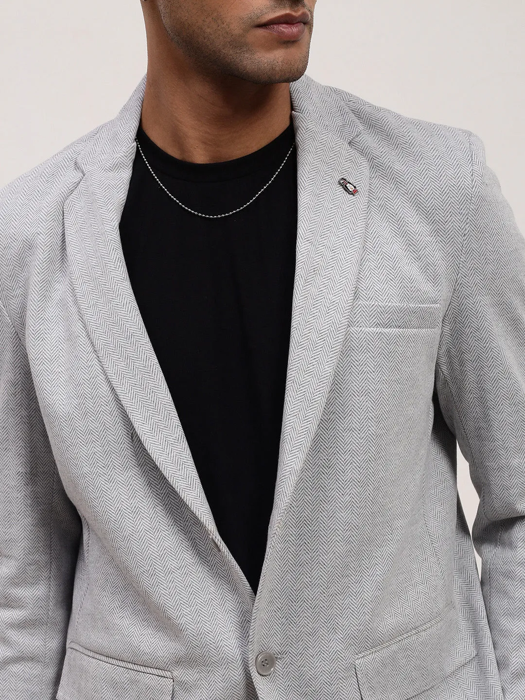 Men Grey Self Design Slim-Fit Single-Breasted Casual Blazer