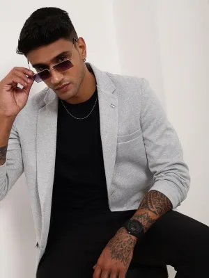 Men Grey Self Design Slim-Fit Single-Breasted Casual Blazer