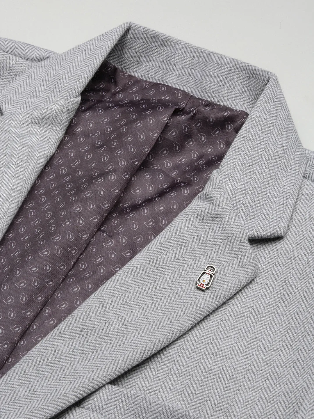 Men Grey Self Design Slim-Fit Single-Breasted Casual Blazer