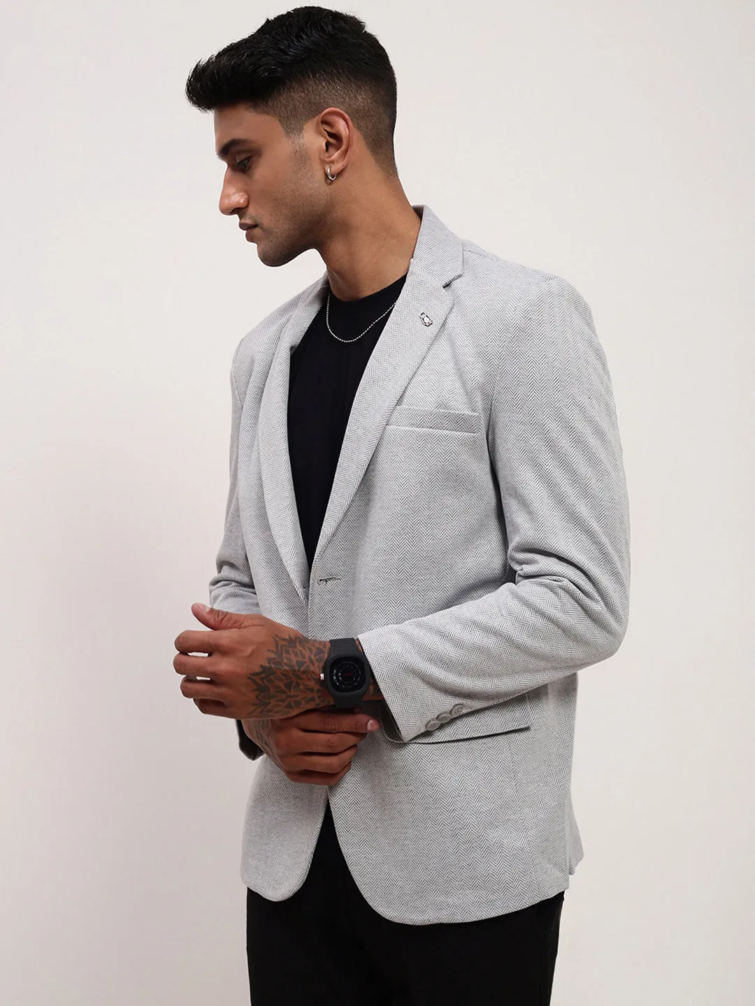 Men Grey Self Design Slim-Fit Single-Breasted Casual Blazer