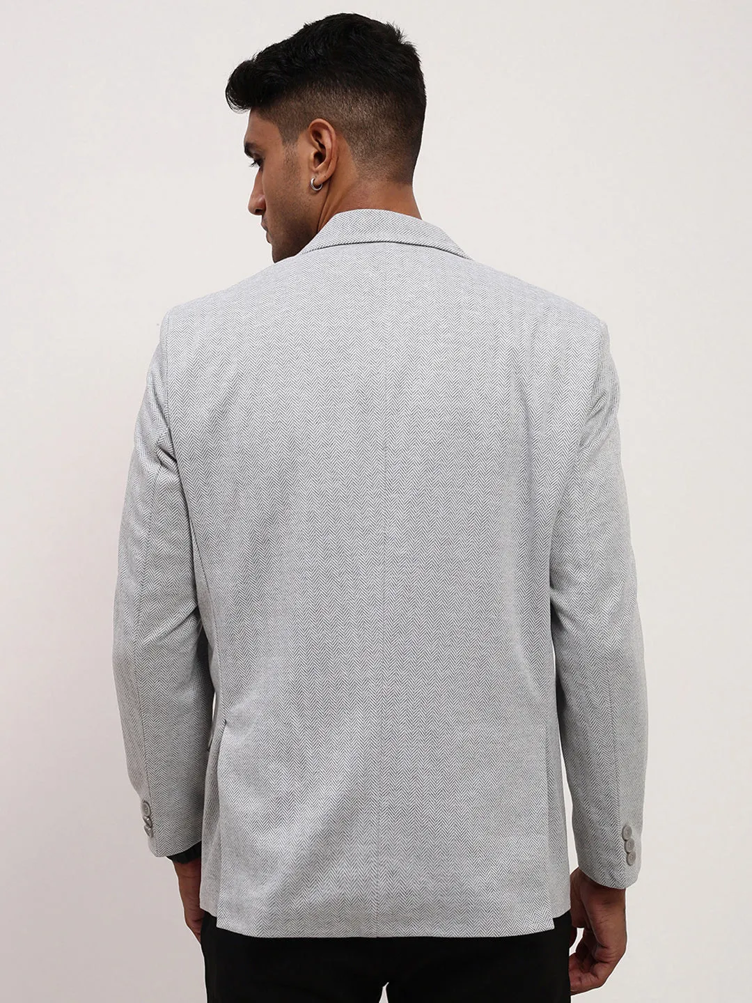 Men Grey Self Design Slim-Fit Single-Breasted Casual Blazer