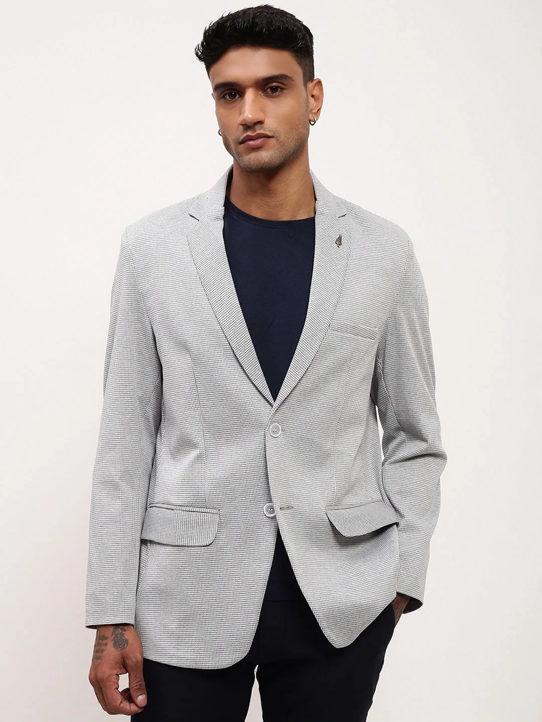 Men Grey Self Design Slim Fit Single-Breasted Cotton Blazer