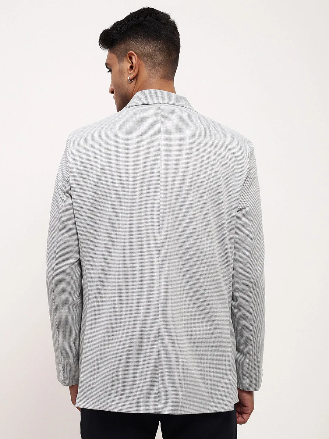 Men Grey Self Design Slim Fit Single-Breasted Cotton Blazer