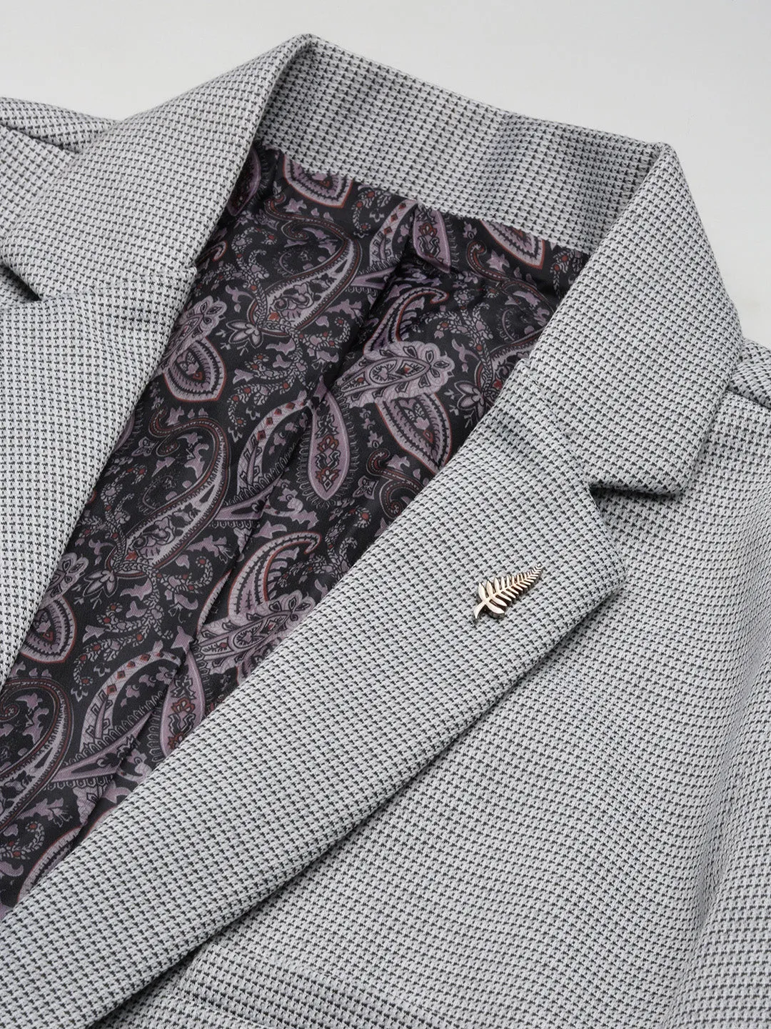 Men Grey Self Design Slim Fit Single-Breasted Cotton Blazer