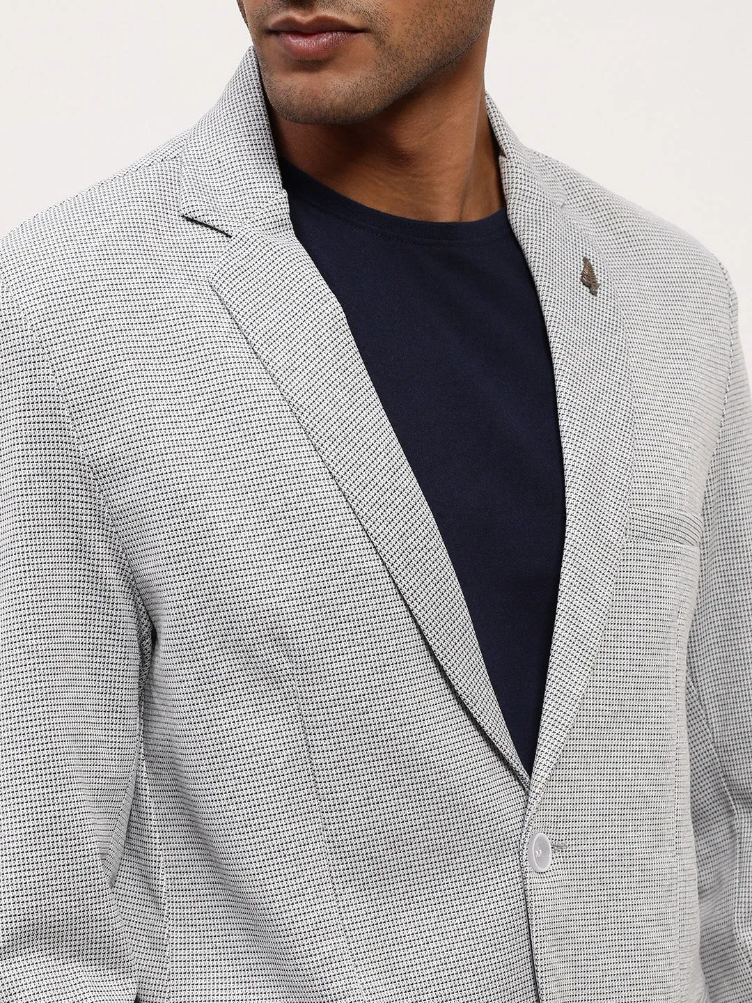 Men Grey Self Design Slim Fit Single-Breasted Cotton Blazer