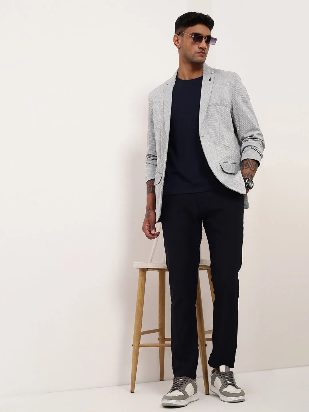 Men Grey Self Design Slim Fit Single-Breasted Cotton Blazer