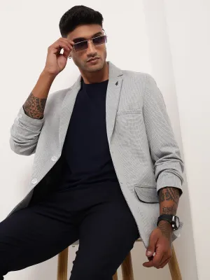 Men Grey Self Design Slim Fit Single-Breasted Cotton Blazer