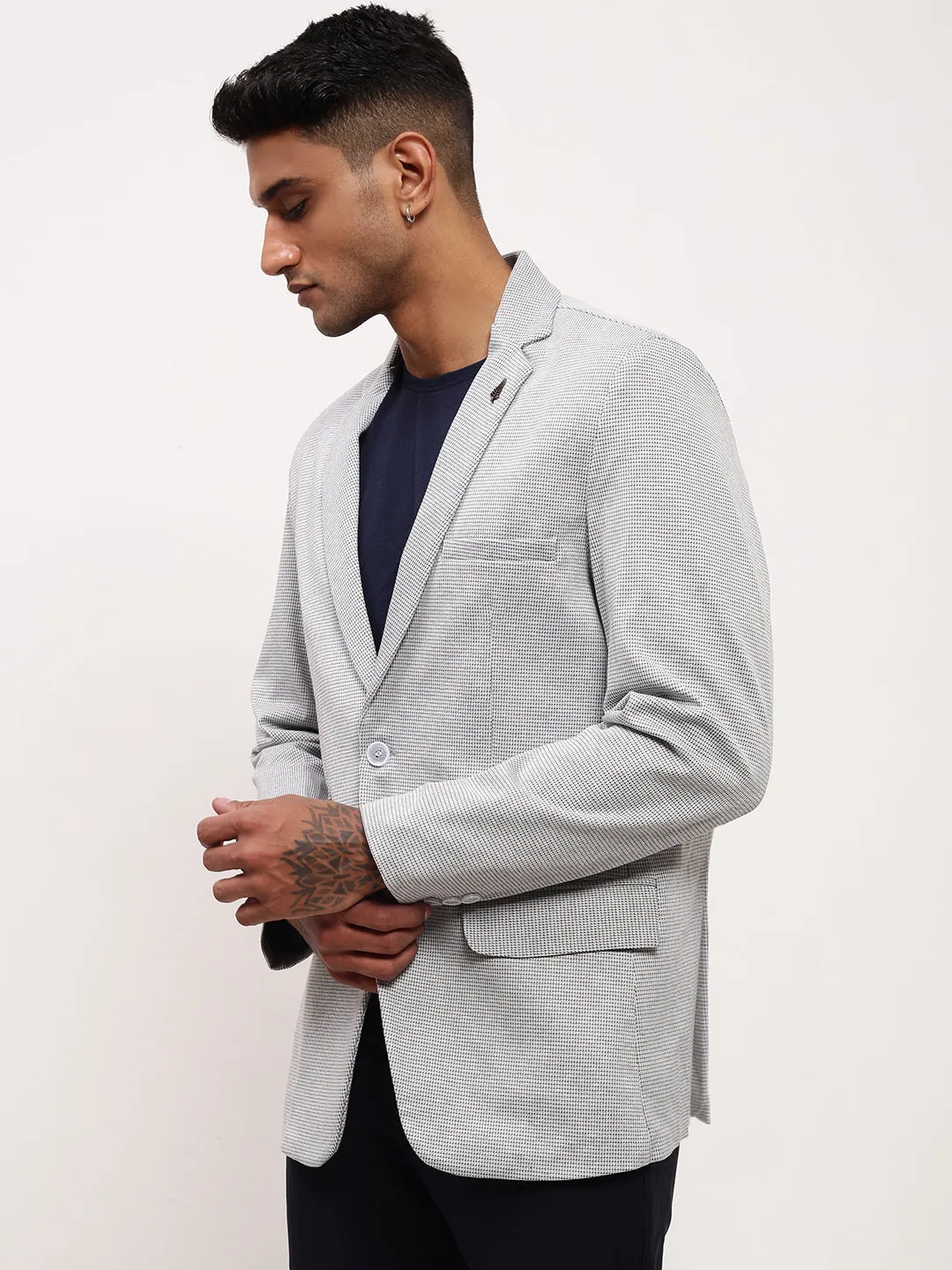 Men Grey Self Design Slim Fit Single-Breasted Cotton Blazer