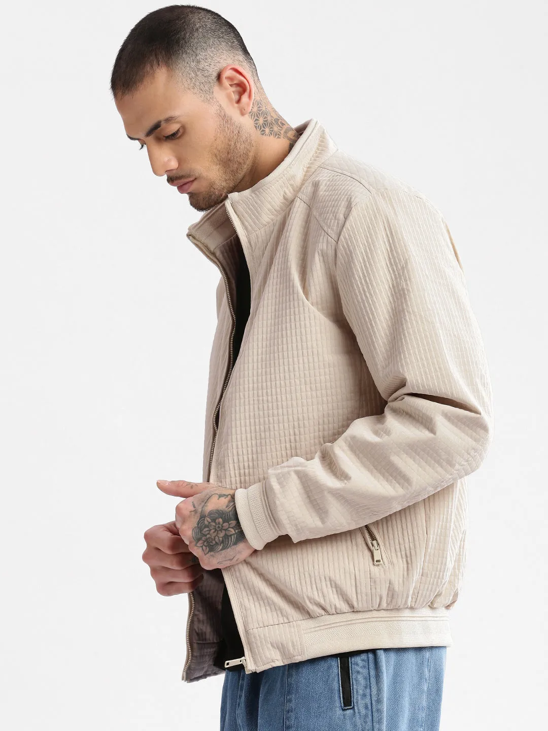 Men Mock Collar Cream Self Design Bomber Jacket