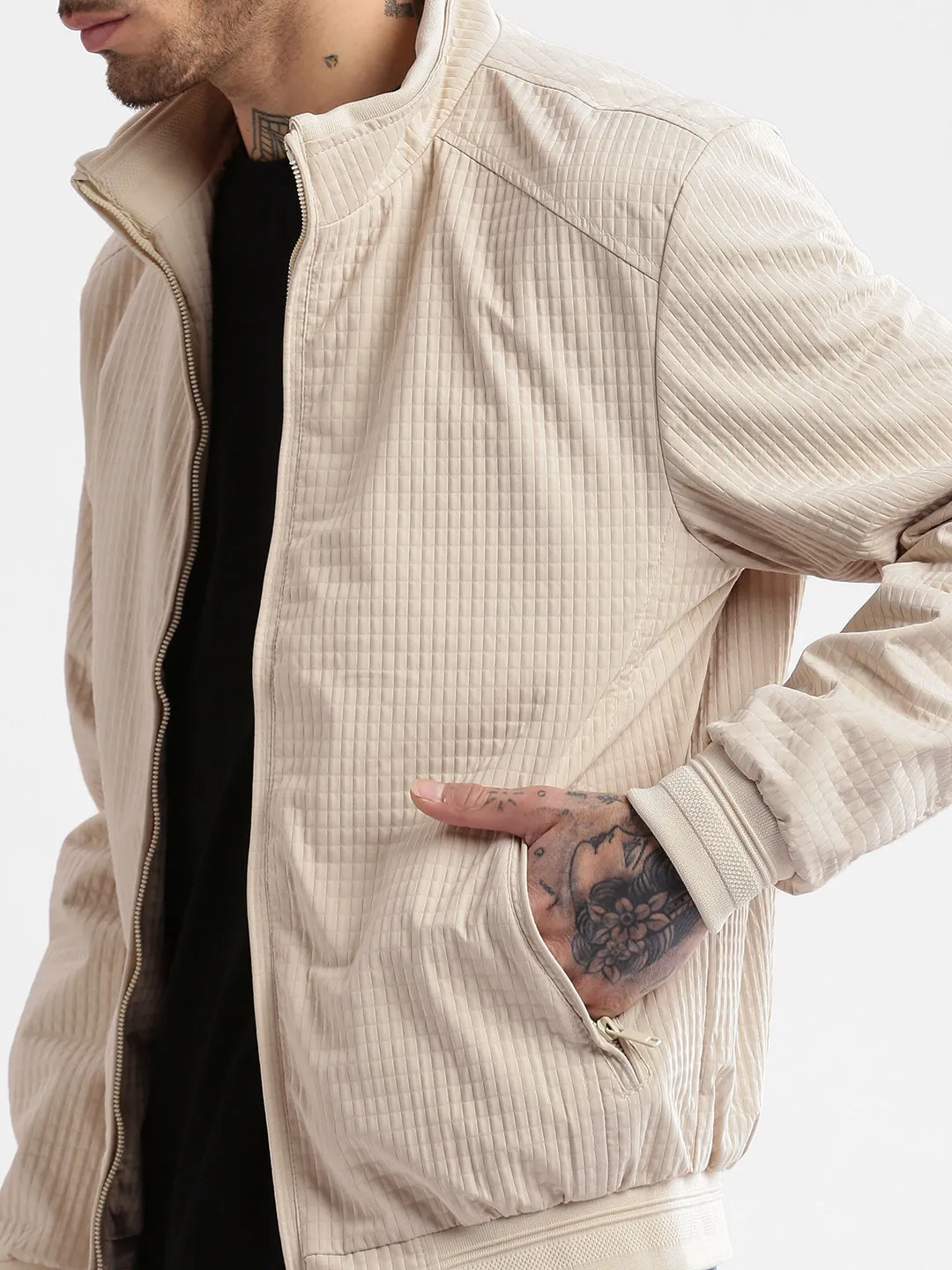 Men Mock Collar Cream Self Design Bomber Jacket