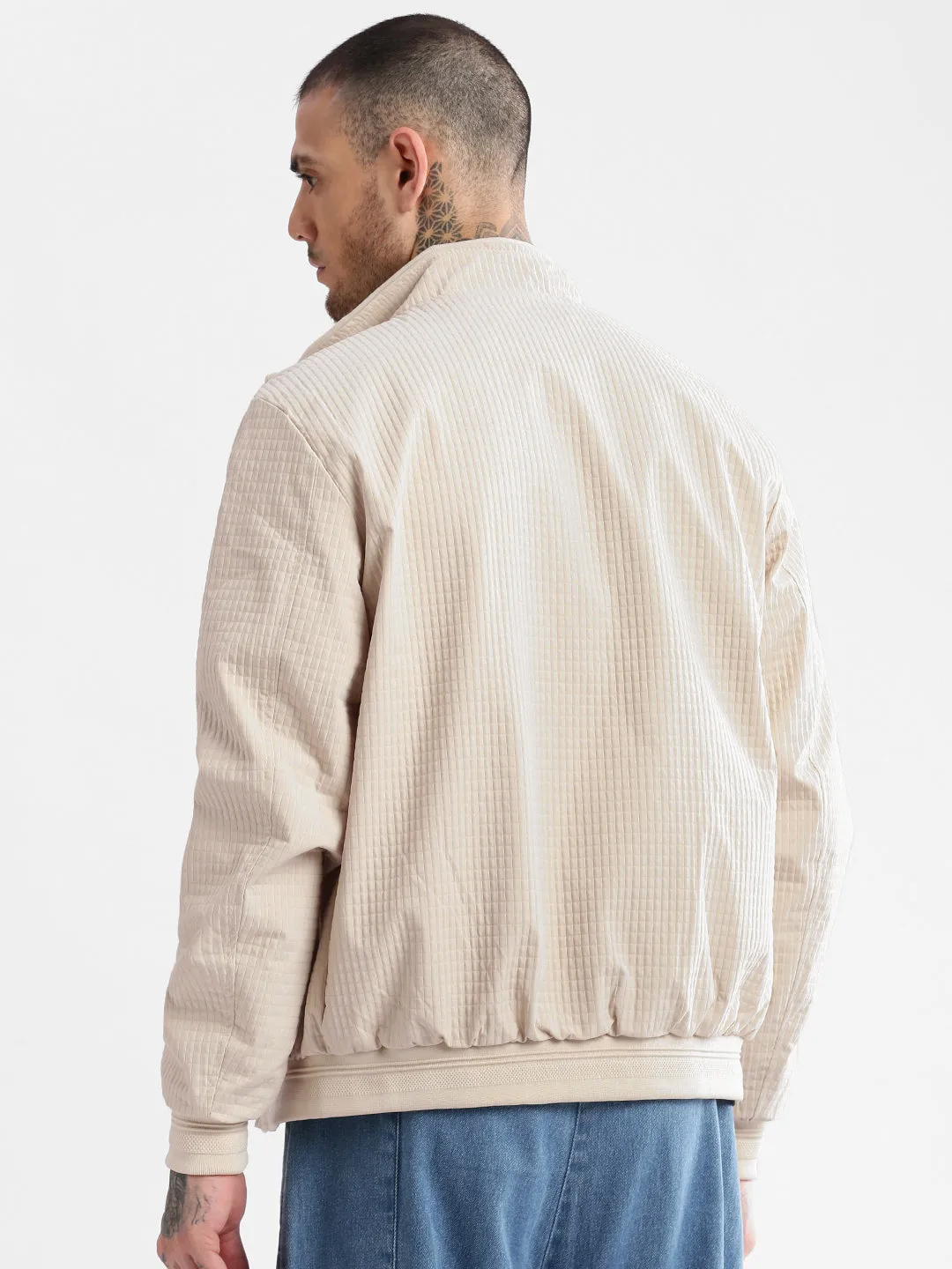 Men Mock Collar Cream Self Design Bomber Jacket