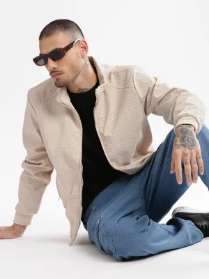 Men Mock Collar Cream Self Design Bomber Jacket