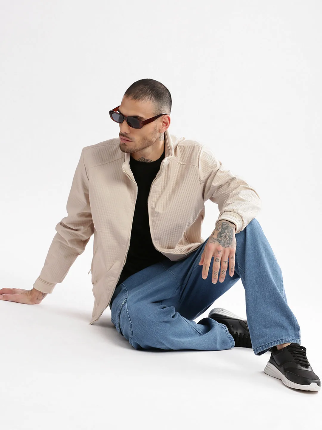 Men Mock Collar Cream Self Design Bomber Jacket