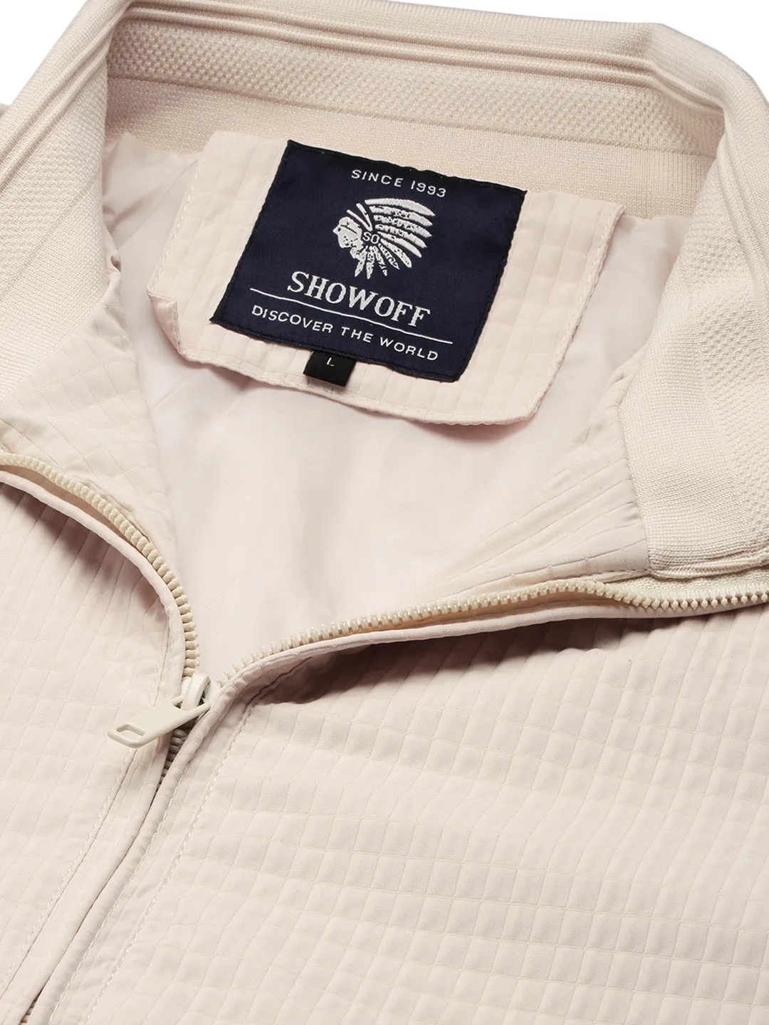 Men Mock Collar Cream Self Design Bomber Jacket