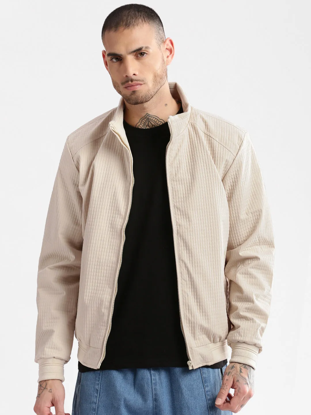 Men Mock Collar Cream Self Design Bomber Jacket
