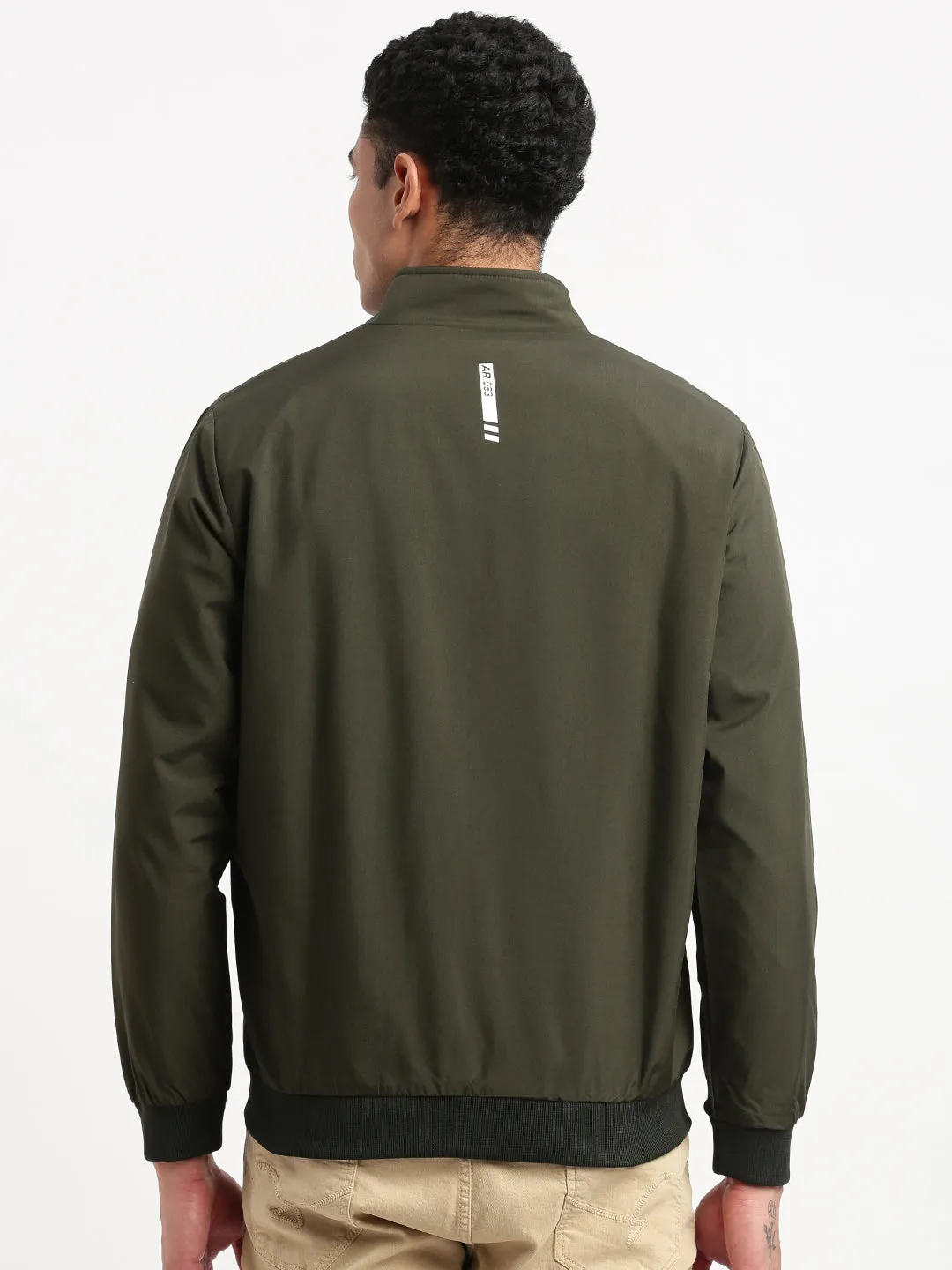 Men Mock Collar Solid Olive Classic Bomber Jacket