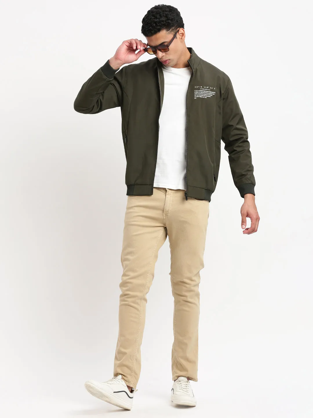 Men Mock Collar Solid Olive Classic Bomber Jacket