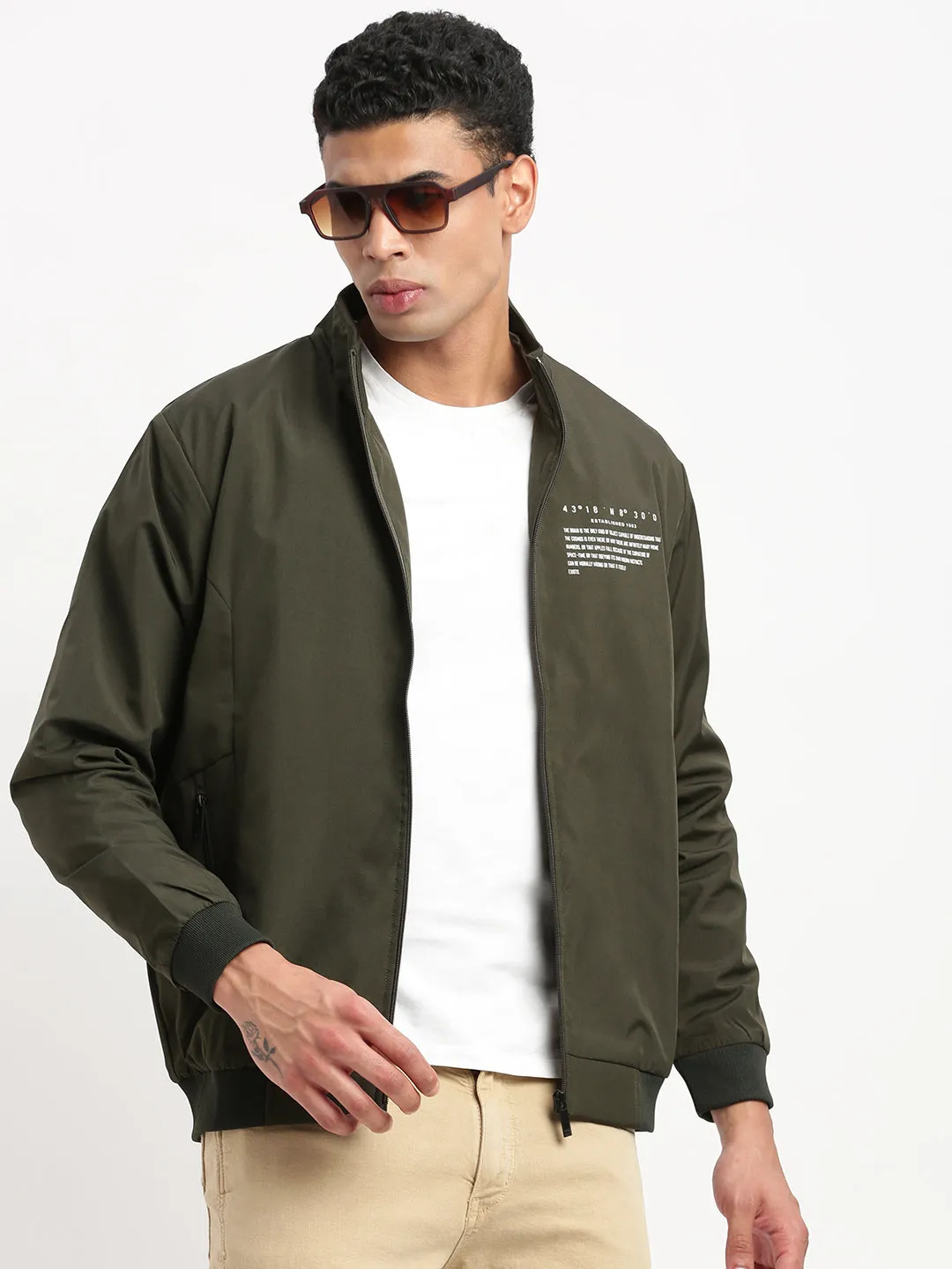 Men Mock Collar Solid Olive Classic Bomber Jacket