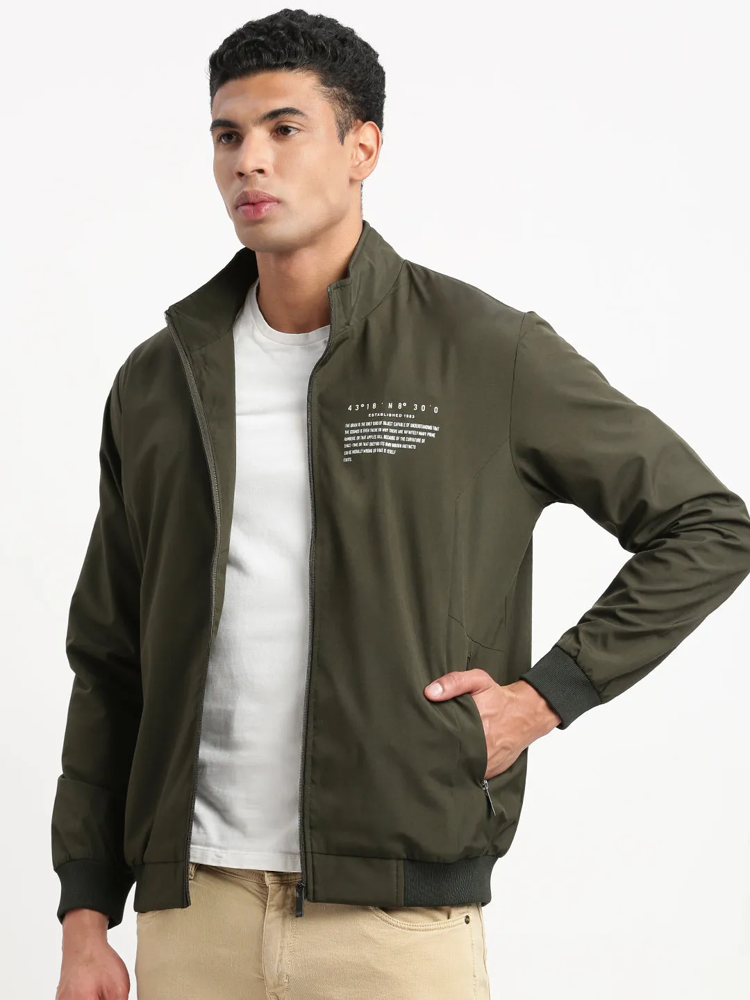 Men Mock Collar Solid Olive Classic Bomber Jacket