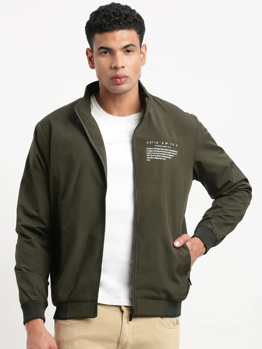 Men Mock Collar Solid Olive Classic Bomber Jacket