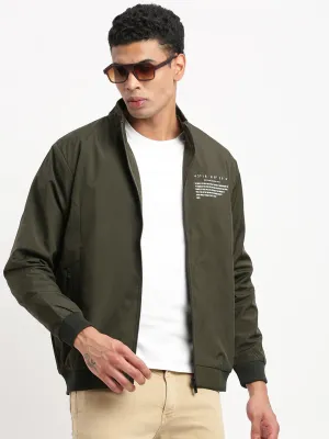 Men Mock Collar Solid Olive Classic Bomber Jacket