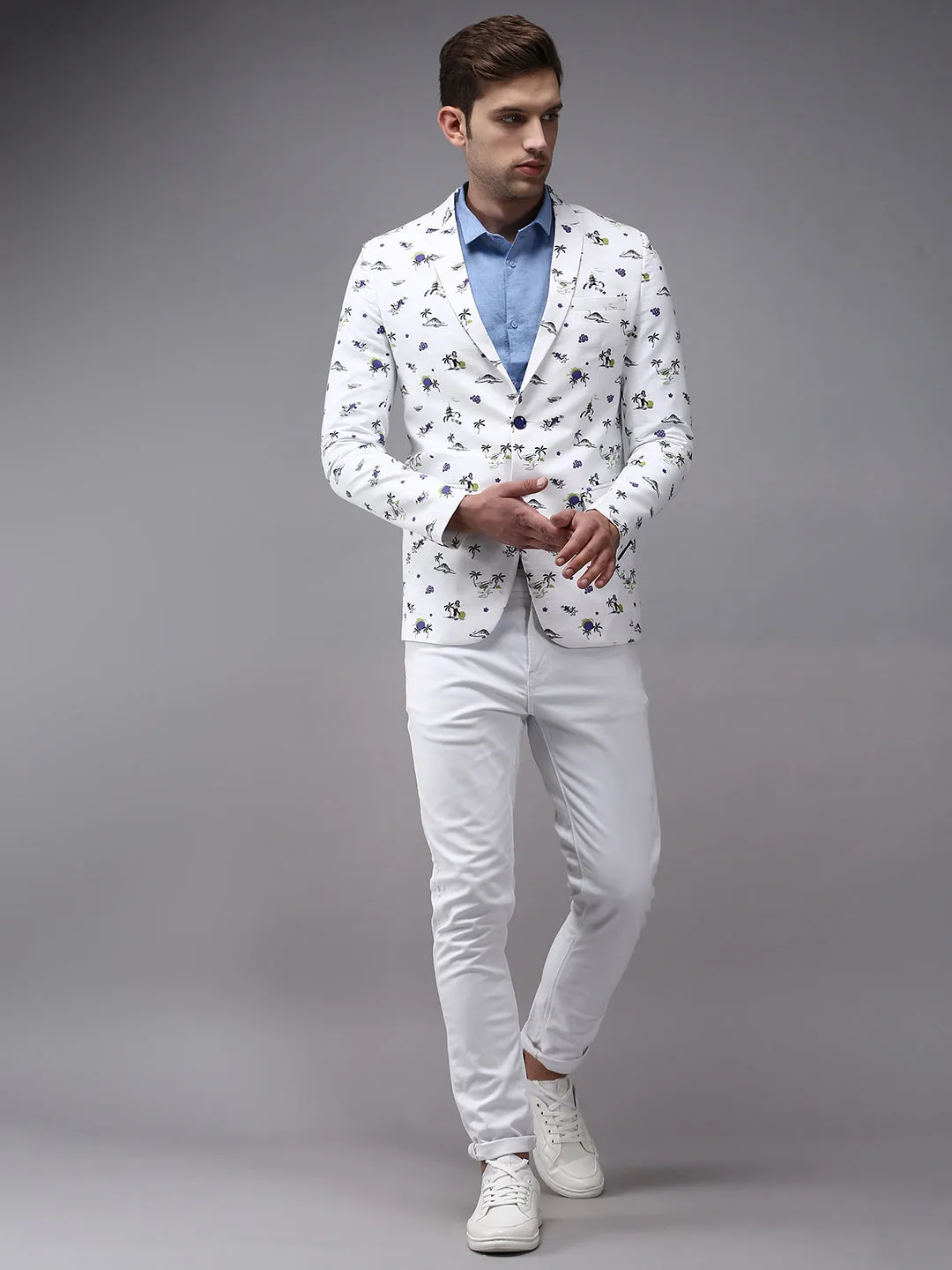Men White Printed Single-Breasted Blazer