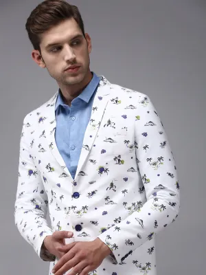 Men White Printed Single-Breasted Blazer