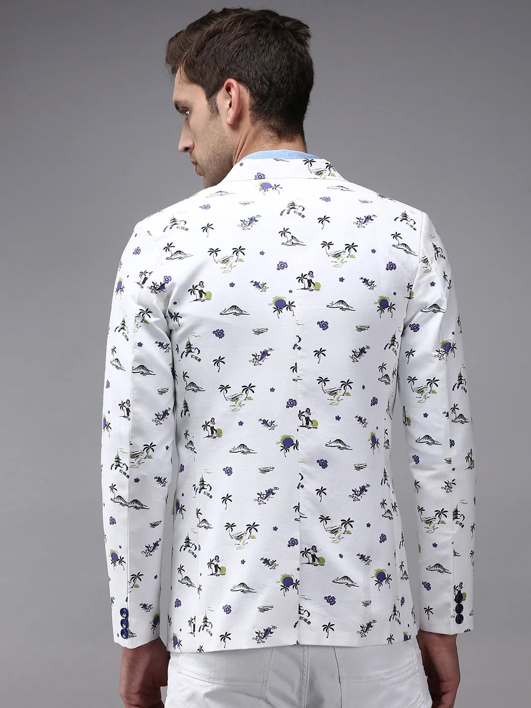 Men White Printed Single-Breasted Blazer