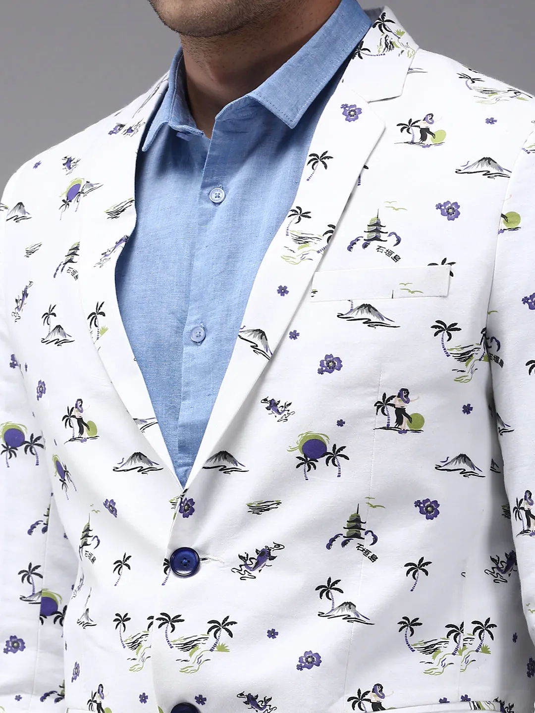 Men White Printed Single-Breasted Blazer