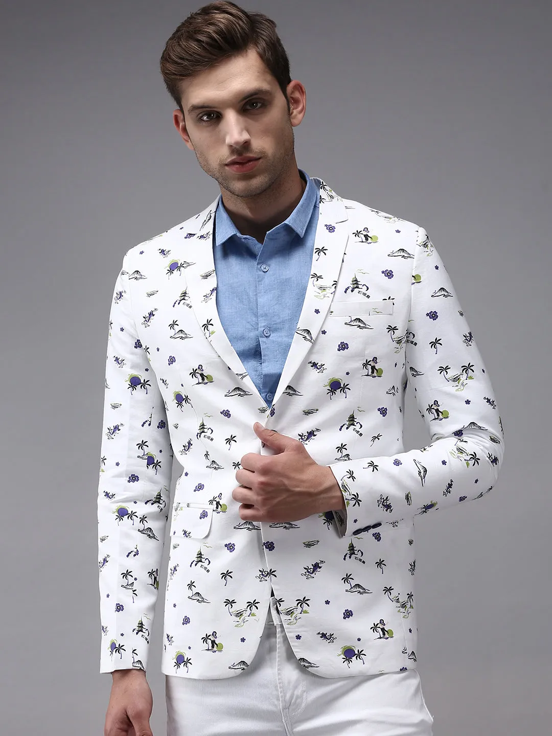 Men White Printed Single-Breasted Blazer