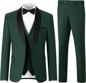 Men's 3 Piece Slim Fit Suit One Button Shawl Lapel Jacket Vest Pants Tuxedo Set with Bow Tie Pocket Square