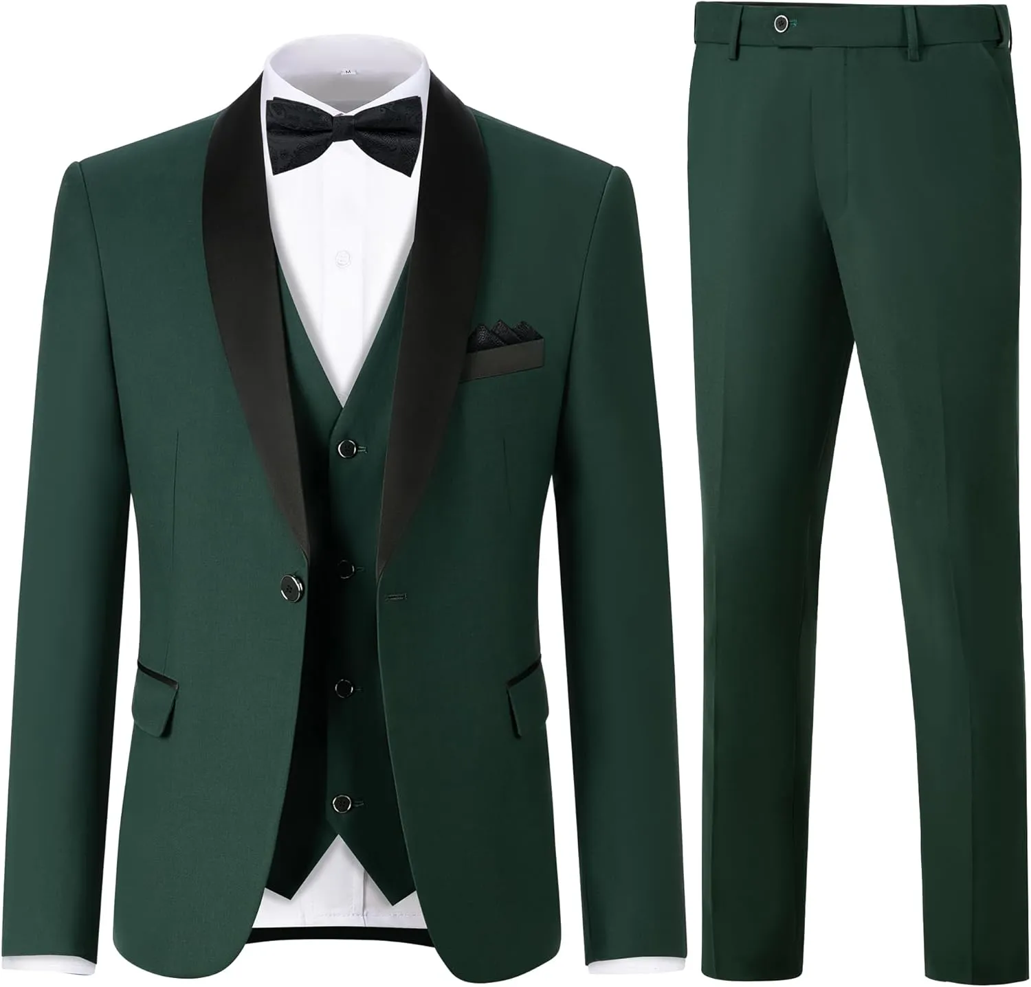 Men's 3 Piece Slim Fit Suit One Button Shawl Lapel Jacket Vest Pants Tuxedo Set with Bow Tie Pocket Square