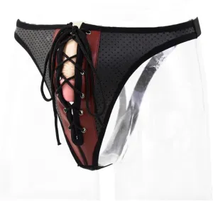 Men`s PU Leather Briefs Male Underwear Strappy Pants Black
