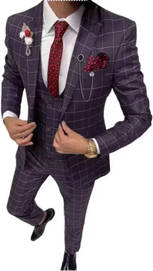 Men's Suit Slim Fit 3 Piece Plaid Suits for Men Checked Tuxedo Suit Men Formal Plaid Blazer Vest Pants Set