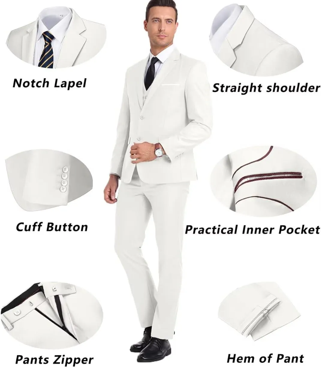 Men's Suit Slim Fit 3 Piece Wedding Dress Tux Suit Set Two Buttons Business Suits Blazer Jacket Vest Pants with Tie