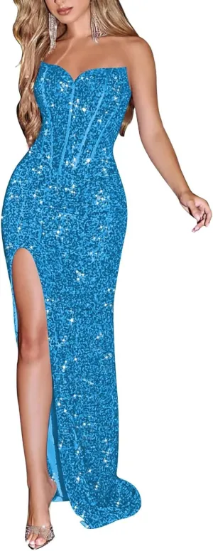 Mermaid Prom Dress with Sleeveless Corset Women Party Dress Strapless Formal Gown with Slit