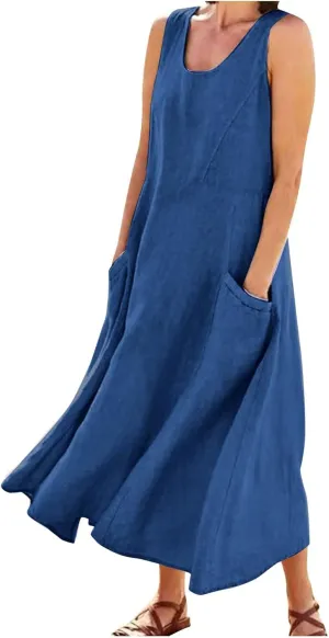 midelxp Summer Sundresses for Women Casual Loose Swing Beach Tank Dresses Sleeveless Solid Color Long Dresses with Pocket