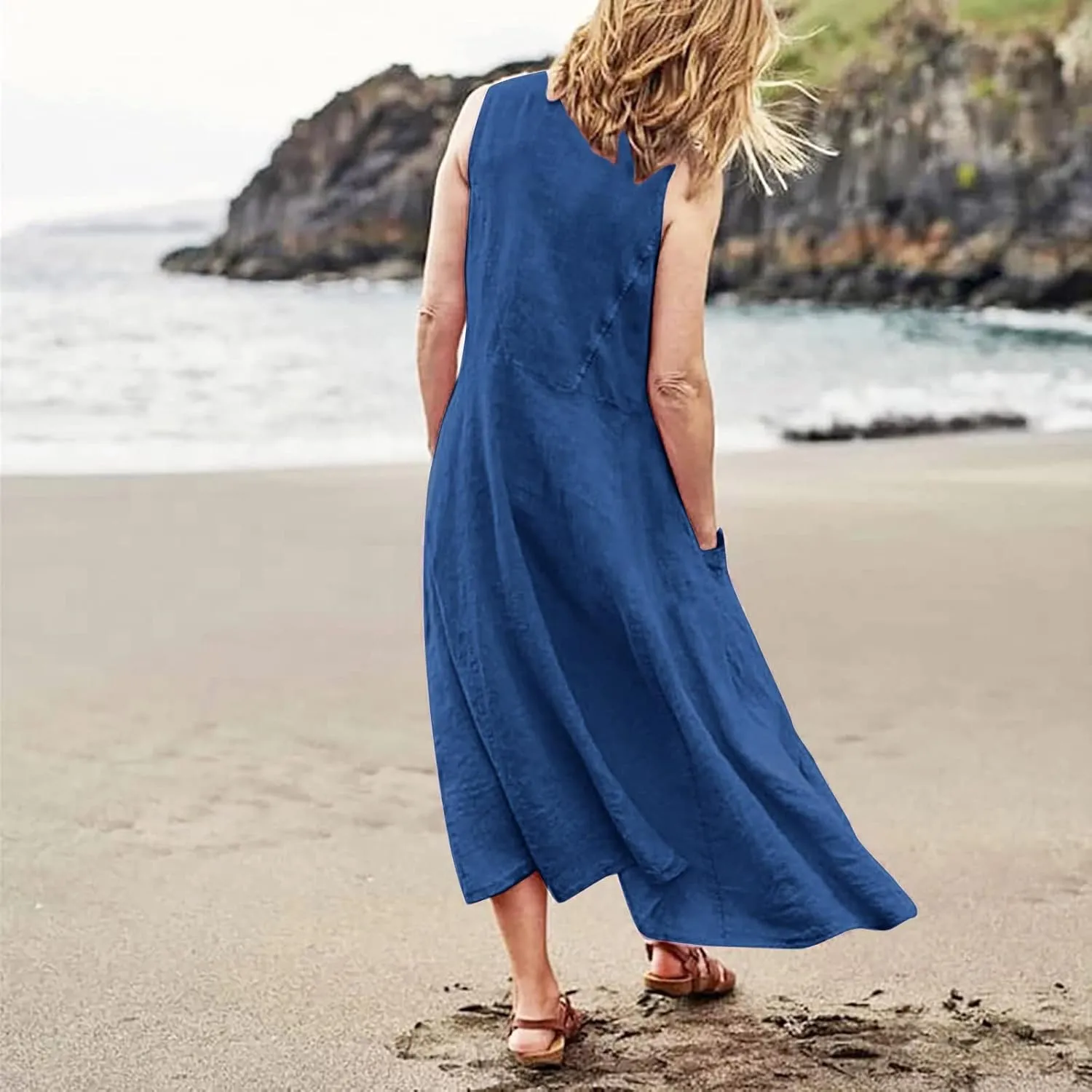 midelxp Summer Sundresses for Women Casual Loose Swing Beach Tank Dresses Sleeveless Solid Color Long Dresses with Pocket