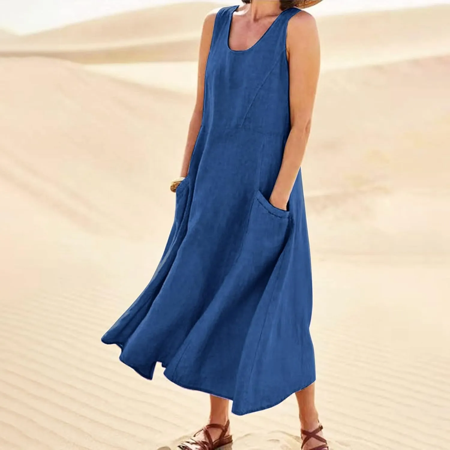 midelxp Summer Sundresses for Women Casual Loose Swing Beach Tank Dresses Sleeveless Solid Color Long Dresses with Pocket